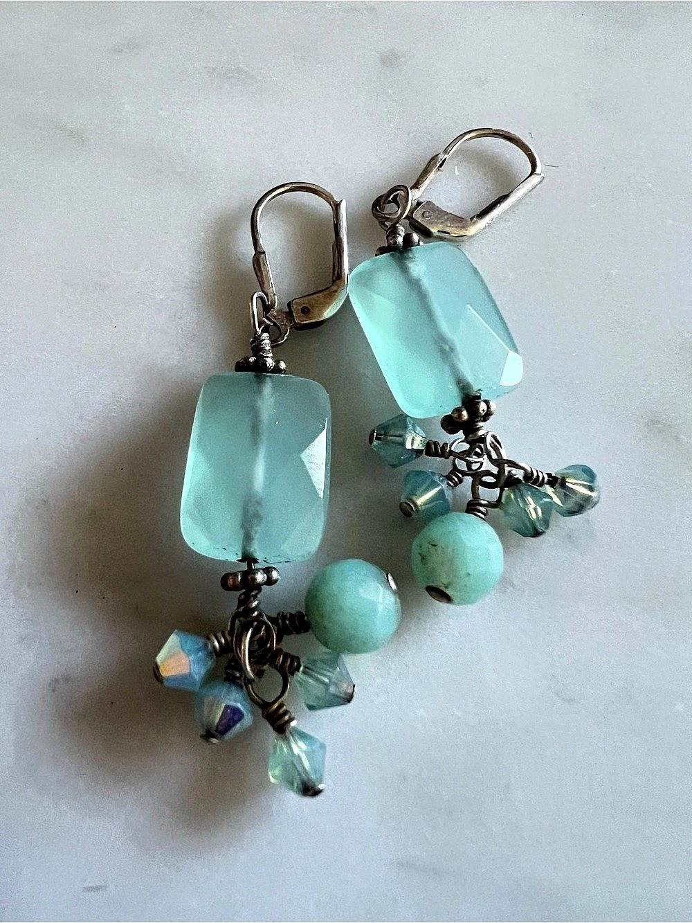 Blue Beaded Dangle Earrings Like New